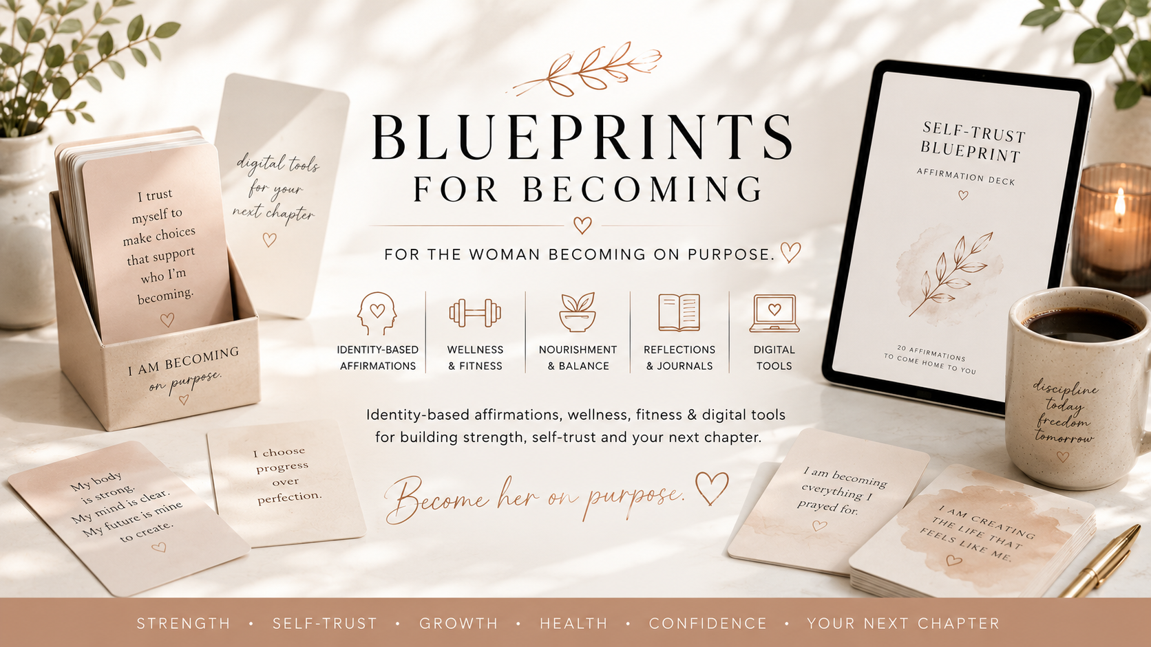 Affirmation cards, a self-trust blueprint deck, and warm styled desk items representing Blueprints for Becoming